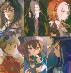  6+girls ace_(playing_card) ace_of_diamonds ahoge animal_ears ascot beanie black_ascot black_coat black_gloves black_hair black_jacket blue_coat blue_eyes blunt_bangs bow bowtie breasts brown_eyes brown_hair card closed_mouth cnsmsoup coat collared_shirt diamond_(shape) dream_journey_(reminder_of_dreamland)_(umamusume) dream_journey_(umamusume) dress ear_covers ears_through_headwear eyewear_strap fenomeno_(black_flames_of_the_righteous_spirit)_(umamusume) fenomeno_(umamusume) fingerless_gloves flipped_hair gem glasses gloves goggles goggles_around_neck gold_ship_(red_strife)_(umamusume) gold_ship_(umamusume) green_gem grey_hair grey_hat grin hair_between_eyes hat highres holding holding_card horse_ears horse_girl horseshoe_hat_ornament horseshoe_ornament jacket long_hair long_sleeves multicolored_hair multiple_girls nakayama_festa_(shichuukyuukatsu)_(umamusume) nakayama_festa_(umamusume) open_mouth orange_hair orfevre_(control)_(umamusume) orfevre_(umamusume) parted_lips peaked_cap playing_card puffy_sleeves purple_hair red_bow red_dress red_shirt shirt single_ear_cover sleeveless sleeveless_dress smile stay_gold_(sunlit_outsider)_(umamusume) stay_gold_(umamusume) stay_gold_clan_(umamusume) teeth two-tone_hair umamusume violet_eyes white_gloves white_hair white_jacket white_shirt yellow_coat 