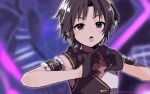  1girl armband bangs black_gloves black_hair blurry blurry_background breasts choker commentary_request dot_nose frilled_vest frills gloves hair_ornament hands_up heart heart_hands highres idolmaster idolmaster_million_live! idolmaster_million_live!_theater_days kikuchi_makoto light_blush looking_away open_mouth short_hair small_breasts solo stage toro_(shiro) two-tone_vest upper_body v-shaped_eyebrows vest violet_eyes 