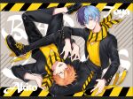  2boys aoyagi_touya bangs belt cosplay earrings jacket jewelry looking_at_viewer male_focus miki_(986197) multicolored_hair multiple_boys orange_hair patterned_background project_sekai scarf shinonome_akito shirt sitting smile striped striped_scarf traffic_jam_(vocaloid) upside-down welter_(a_ka_shi) welter_(a_ka_shi)_(cosplay) yellow_shirt 