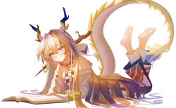  1girl absurdres airtair arknights bare_shoulders barefoot bespectacled blonde_hair book chinese_commentary closed_mouth collarbone colored_extremities commentary_request dragon_girl dragon_horns dragon_tail earrings feet full_body glasses grey_eyes hair_between_eyes hair_intakes highres horns jacket jewelry long_hair looking_at_viewer lying multicolored_hair necklace off_shoulder on_stomach open_book pointy_ears purple_hair semi-rimless_eyewear shu_(arknights) simple_background soles solo split_mouth tail the_pose toes under-rim_eyewear very_long_hair white_background white_hair white_jacket 