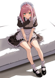  1girl apron aqua_eyes black_dress black_shoes blush commentary_request dress frilled_apron frilled_dress frills fukouko_(keisuke309) highres keisuke309 looking_at_viewer maid maid_headdress mary_janes on_bed original pink_hair shoes sitting socks solo white_apron white_socks 