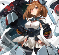  1girl alice_gear_aegis armor armored_boots boots braid breasts brown_eyes brown_hair cowboy_shot exoskeleton fighting_stance headgear highres joints looking_at_viewer mecha_musume mechanical_arms mechanical_boots mechanical_gloves mechanical_hands mechanical_legs medium_breasts open_mouth robot short_hair side_braid simple_background solo sunday_aki sutegoro_shiina white_background 