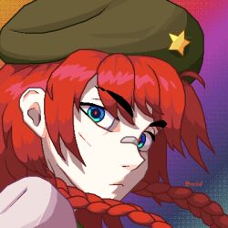  1girl bandaid bandaid_on_face bandaid_on_nose beret blood blood_on_face blue_eyes braid closed_mouth dithered_background dithering green_hat hat hat_ornament highres hong_meiling looking_back pixel_art portrait rainbow_background red_hair signature solo star_(symbol) star_hat_ornament touhou twin_braids twitter_username vexkaf 