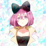  1girl abstract_background absurdres black_bow bow cropped_arms hair_between_eyes hair_bow highres j0h_(j000h3) looking_at_viewer medium_hair pink_eyes pink_hair pppppp solo upper_body yamanaka_meloli 