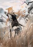  1girl :d absurdres animal_ears arknights bangs belt belt_buckle bird black_shorts black_vest blonde_hair blush branch breasts buckle building closed_eyes covered_navel crossbow day facing_viewer greyscale highres holding holding_weapon kroos_(arknights) kroos_the_keen_glint_(arknights) long_hair long_sleeves medium_breasts monochrome natsuba002 open_mouth outdoors quiver rabbit_ears shirt short_shorts shorts smile solo sun thigh-highs thigh_strap very_long_hair vest weapon wheat white_shirt 