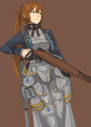  1010kman 1girl alternate_costume bolt_action brown_background commentary_request girls'_frontline_2:_exilium girls_frontline green_eyes gun highres holding holding_gun holding_weapon long_hair m1903_springfield rifle science_fiction solo springfield_(girls'_frontline) trigger_discipline very_long_hair weapon 