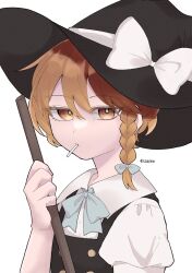 1girl absurdres black_hat black_vest blonde_hair blue_bow blue_bowtie bow bowtie braid broom candy collared_shirt commentary_request food food_in_mouth hair_bow hat hat_bow highres holding holding_broom kirisame_marisa lollipop lollipop_in_mouth shirt side_braid simple_background single_braid solo touhou twitter_username upper_body uzuki_(amayadori) vest white_background white_bow white_shirt witch_hat yellow_eyes 