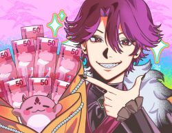  1boy banknote black_eyeshadow black_nails bouquet coat commentary creature eyeshadow fingernails frilled_sleeves frills fur-trimmed_coat fur_trim grin highres holostars holostars_english jurard_t_rexford long_sleeves makeup male_focus money nail_polish onnnyx pointing red_eyes red_hair sharp_fingernails sharp_teeth short_hair smile sorawrity_(jurard_t_rexford) sparkle teeth untranslatable_commentary upper_body virtual_youtuber 
