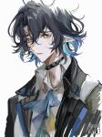  1boy aqua_hair arknights ascot bangs black_coat black_hair blue_ascot coat commentary_request earrings freckles hair_between_eyes highres infection_monitor_(arknights) jewelry lumen_(arknights) male_focus orange_eyes parted_lips pointy_ears shell shell_earrings simple_background solo sweat twitter_username ueauwa upper_body white_background 