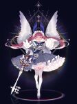  1girl absurdres angel_wings blue_background dress feathered_wings full_body highres lolita_fashion long_hair long_sleeves looking_at_viewer on_(onon2659) original pink_hair solo sword thigh-highs tiara twintails violet_eyes weapon wings 