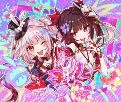  2girls anger_vein bell black_gloves black_hat brown_hair cellphone commentary dual_persona flower flower_tattoo gloves half_gloves hand_up hat highres holding honkai:_star_rail honkai_(series) looking_at_viewer mask mask_on_head mini_hat multiple_girls nail_polish neck_bell one_eye_closed open_mouth papipiko phone pink_background purple_background red_eyes red_nails red_shirt selfie_stick shirt shoulder_tattoo smile sparkle_(honkai:_star_rail) sparxie_(honkai:_star_rail) star_(symbol) tattoo top_hat twintails untranslatable_commentary upper_body v v_over_mouth white_hair 
