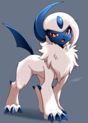  absol bright_pupils claws commentary_request fang forehead_jewel highres horns netiel no_humans open_mouth pokemon pokemon_(creature) pokemon_focus red_eyes shadow simple_background single_horn solo white_pupils 