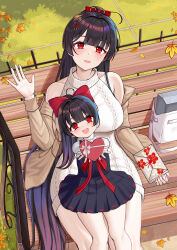  absurdres agano_(azur_lane) aran_sweater azur_lane bag bare_shoulders bench black_hair box breasts cable_knit commentary_request dress falling_leaves gift hair_ornament heart-shaped_box highres large_breasts leaf long_hair long_sleeves mother_and_child mother_and_daughter open_mouth parent_and_child park_bench pleated_dress ponytail red_eyes sitting sweater turtleneck waving zbfmkc 