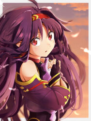  1girl ahoge armor bare_shoulders blurry blurry_background border breastplate clothed_male_nude_female clouds cloudy_sky collared_leotard commentary_request detached_sleeves dusk falling_feathers feathers fingerless_gloves floating_hair gloves hair_ribbon hairband hands_up high_collar leotard long_hair long_sleeves looking_at_viewer messy_hair nemu_(46_2367teimei) nude orange_sky outside_border own_hands_together parted_lips pointy_ears purple_armor purple_gloves purple_hair purple_leotard purple_sleeves red_eyes red_hairband red_ribbon red_trim ribbon sidelocks sky solo sword_art_online upper_body v-shaped_eyebrows white_border white_feathers yellow_trim yuuki_(sao) 