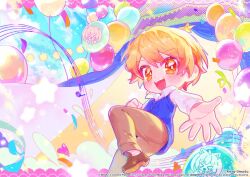  >_< 1boy :d artist_name balloon blonde_hair blue_sweater_vest blush brown_pants brown_shoes chou_ji_yun collared_shirt commentary_request company_name confetti copyright_notice foot_out_of_frame gradient_hair guest_art hatsune_miku korean_commentary male_focus multicolored_hair musical_note official_art orange_eyes pants project_sekai red_hair second-party_source shirt shoes smile socks solo spring_onion star_(symbol) sweater_vest teeth tenma_tsukasa tongue upper_teeth_only vocaloid web_address white_shirt white_socks wonderlands_x_showtime_miku 