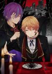  2boys aqua_hair bangs bishounen blurry buttons candle closed_eyes collared_shirt depth_of_field earrings facial_mark hand_on_another&#039;s_face highres holding holding_knife jewelry kamishiro_rui knife makura_wet male_focus multicolored_hair multiple_boys orange_hair project_sekai purple_hair purple_nails shinonome_akito shirt short_hair smile swept_bangs 