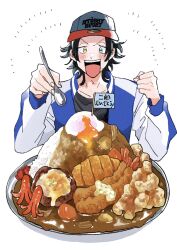  1boy :d adam's_apple baseball_cap black_hair black_shirt blue_hat blue_jacket blush clenched_hand collarbone commentary curry curry_rice egg_(food) egg_yolk film_grain fingernails food food_art food_request furrowed_brow green_eyes grin hands_up happy_aura hat heterochromia highres holding holding_spoon hypnosis_mic jacket kate_jgk katsu_(food) long_sleeves looking_at_food looking_down male_focus mole mole_under_eye mole_under_mouth mullet multicolored_jacket multiple_moles open_mouth parted_bangs plate poached_egg print_hat red_hat rice shirt short_hair shrimp shrimp_tempura simple_background smile solo spoon straight-on stussy tako-san_wiener tareme tempura translated two-tone_hat two-tone_jacket untranslatable_commentary upper_body v-shaped_eyebrows white_background white_jacket yamada_jiro yellow_eyes 