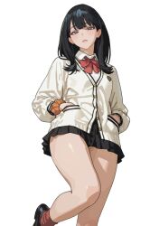  1girl black_hair black_shoes black_skirt blue_eyes bow bowtie cardigan closed_mouth commentary gridman_universe h4sh1rnoto hands_in_pockets highres leg_up long_hair looking_at_viewer orange_scrunchie pleated_skirt red_bow red_bowtie red_socks school_uniform scrunchie shirt shoes simple_background skirt socks solo ssss.gridman takarada_rikka white_background white_cardigan white_shirt wrist_scrunchie 