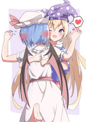  2girls :d ;d absurdres american_flag american_flag_dress american_flag_print barefoot bat_wings blonde_hair blue_hair clownpiece commentary_request commission flag_print hair_blush hat hat_ribbon heart height_difference highres hug jester_cap leg_up long_hair mob_cap multiple_girls neck_ruff one_eye_closed pink_hat pink_shirt pink_skirt pixiv_commission polka_dot polka_dot_headwear purple_hat remilia_scarlet ribbon saimu_taju shirt short_sleeves skirt skirt_set smile soles spoken_heart star_(symbol) star_print toes touhou violet_eyes wings 