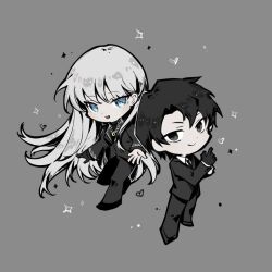  1boy 1girl :d adjusting_clothes adjusting_gloves angelica_(project_moon) black_eyes black_gloves black_hair black_jacket black_necktie black_pants black_shoes black_suit black_sweater blue_eyes breasts chibi chibi_only chinese_commentary closed_mouth commentary_request gloves grey_background hand_up heart husband_and_wife jacket jewelry library_of_ruina long_hair long_sleeves looking_at_viewer necklace necktie open_hand open_mouth pants parted_bangs project_moon reaching reaching_towards_viewer roland_(project_moon) shared_gloves shoes short_hair simple_background single_glove smile sparkle standing suit sweater turtleneck turtleneck_sweater very_long_hair white_hair zomerm 