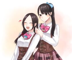  2girls :d ^_^ assault_lily behind_another belt black_hair blue_bow blush bow bowtie braid braiding_another's_hair breasts brown_belt brown_eyes brown_skirt buttons closed_eyes closed_mouth collared_shirt commentary corset gradient_background hair_bow hair_ribbon hairdressing hands_up heart houjou_monica_asahi jewelry long_hair long_sleeves looking_at_another ludvico_private_girls'_academy_school_uniform medium_breasts multiple_belts multiple_girls necklace nigari_(ngari_0115) open_mouth orange_background parted_bangs pendant pink_bow pink_bowtie plaid_clothes plaid_skirt red_ribbon ribbon school_uniform shirt side_ponytail skirt smile standing suspenders tachibana_theresia_nagisa twin_braids two-tone_background underbust upper_body white_background white_shirt zipper_pull_tab 