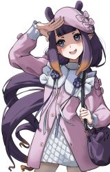  1girl absurdres alternate_costume bag beret blue_eyes coat commentary dress english_commentary fang gradient_hair hand_up hat highres hololive hololive_english huemar_tanuki long_hair mole mole_under_eye multicolored_hair ninomae_ina'nis open_mouth orange_hair pink_coat pointy_ears purple_hair shoulder_bag simple_background solo tentacle_hair virtual_youtuber white_background white_dress 