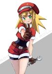  1girl aimin_chiyoko belt bike_shorts blonde_hair blush brown_gloves cabbie_hat cropped_jacket gloves green_eyes hat jacket long_hair looking_at_viewer mega_man_(series) mega_man_legends red_headwear red_jacket red_shorts roll_caskett_(mega_man) short_sleeves shorts smile solo 