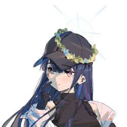  1girl absurdres baseball_cap black_gloves black_hair black_vest blue_archive blue_hair blue_halo commentary flower_ring gloves halo hat highres jacket long_hair looking_to_the_side multicolored_halo partially_shaded_face pointing pointing_at_self saori_(blue_archive) simple_background solo two-tone_halo untranslatable_commentary upper_body vest white_background white_jacket ziid_(ziid69) 