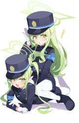  ! 2girls :d :o armband blue_archive blue_armband blue_jacket blue_skirt blush girl_on_top gloves green_hair green_halo halo hat highres hikari_(blue_archive) jacket kyamimasita long_hair long_sleeves looking_at_viewer lying multiple_girls nozomi_(blue_archive) on_stomach open_mouth pantyhose pointy_ears siblings simple_background sisters sitting sitting_on_person skirt smile the_pose train_conductor twins twintails white_background white_gloves white_pantyhose yellow_eyes 