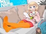  1girl :d ahagon_umiko animal_bag backpack bag bangs blonde_hair blue_eyes book character_doll couch cushion doll full_body highres holding holding_book id_card indoors jacket lanyard long_hair looking_at_viewer menthako new_game! no_shoes open_book open_mouth pantyhose pink_jacket red_shorts sakura_nene shark_bag shorts sitting smile soles solo twintails 