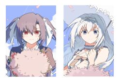 2girls black_hair blue_eyes blush border bouquet bow commentary_request hair_bow hikawa_rina kawachino_yuumi long_hair multiple_girls mydandeliongirl parasol red_eyes sakura_no_uta twintails umbrella upper_body white_border white_hair 