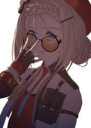  1010kman 1girl absurdres ammunition_pouch black_gloves blonde_hair blue_eyes fingerless_gloves girls'_frontline_2:_exilium girls_frontline gloves highres mp5_(girls'_frontline) orange-tinted_eyewear peri_(girls'_frontline_2) pouch round_eyewear solo sunglasses tinted_eyewear white_background 