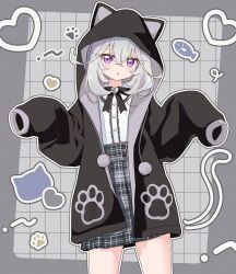  1girl :o absurdres animal_hood black_bow black_bowtie black_hoodie bow bowtie cat_hood cowboy_shot drawn_tail grey_background grey_hair grey_skirt heart high-waist_skirt highres hood hoodie light_blush long_sleeves medium_hair meitantei_precure! moria_luluka open_clothes open_hoodie outline parted_lips plaid_clothes plaid_skirt precure shirt sidelocks sizuki_haru skirt sleeves_past_fingers sleeves_past_wrists solo violet_eyes white_outline white_shirt 