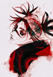  1boy black_hair choso_(jujutsu_kaisen) closed_mouth facial_mark facial_tattoo highres jujutsu_kaisen looking_at_viewer male_focus nikegoge portrait robe short_hair short_twintails simple_background solo tattoo twintails undercut white_background white_robe 