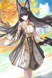  1girl absurdres animal_ear_fluff animal_ears artist_name asymmetrical_sleeves black_hair black_kimono chinese_commentary closed_mouth commentary_request cowboy_shot dated day floating_hair fox_ears hand_up highres hoshimi_miyabi hoshimi_miyabi_(dignified_blossom) japanese_clothes kimono long_hair looking_at_viewer official_alternate_costume outdoors red_eyes solo standing tree very_long_hair yitai_zhi_meng zenless_zone_zero 