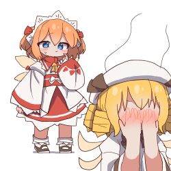  2girls blue_eyes blush brown_shoes closed_eyes commentary covering_face covering_own_face embarrassed hands_up head_steam highres luna_child magg_(user_mtca8588) multiple_girls orange_hair red_skirt shirt shoes skirt socks standing sunny_milk touhou white_shirt white_socks 