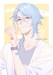  1boy alternate_costume bandaid bandaid_on_arm bandaid_on_hand bangs bespectacled blue_hair bubble_tea closed_mouth cup disposable_cup genshin_impact glasses kamisato_ayato kanapy looking_at_viewer male_focus mole mole_under_mouth shirt signature simple_background solo symbol-only_commentary upper_body violet_eyes watch watch 