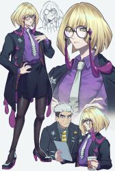  1boy 1girl absurdres alternate_costume andrich_galam black-framed_eyewear black_hair black_jacket black_pantyhose black_skirt blonde_hair breasts clipboard closed_mouth collared_shirt corbeau_(pokemon) corbeau_(pokemon)_(cosplay) cosplay cup disposable_coffee_cup disposable_cup eyewear_strap glasses green_eyes guzma_(pokemon) hand_on_own_chest high_heels highres holding holding_clipboard holding_cup jacket long_sleeves looking_at_viewer lusamine_(pokemon) multicolored_hair necktie open_clothes open_jacket open_mouth pantyhose philippe_(pokemon) philippe_(pokemon)_(cosplay) pokemon pokemon_legends:_z-a pokemon_sun_and_moon purple_shirt round_eyewear shirt short_hair skirt sweat white_hair white_necktie yellow_necktie 