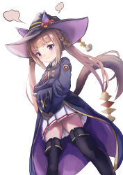  1girl absurdres animal_ears aoniyoshi black_boots black_necktie black_robe black_shirt blush boots braid braided_hair_rings brown_hair cloak closed_mouth commentary_request frown hair_rings hat hat_with_ears highres horse_ears horse_girl horse_tail long_hair necktie open_cloak open_clothes puff_of_air red_sweater_vest robe shirt simple_background skirt solo sweater_vest sweep_tosho_(platanus_witch)_(umamusume) sweep_tosho_(umamusume) tail thigh_boots twintails umamusume violet_eyes white_background white_shirt white_skirt witch_hat 