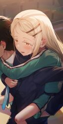  1boy 1girl absurdres black_suit blonde_hair blue_necktie blush carrying colored_eyelashes commentary_request ear_blush earrings futasan gakuen_idolmaster green_jacket hair_ornament hairclip hetero highres hug hug_from_behind idolmaster jacket jewelry looking_ahead necktie orange_eyes parallel_hairclips piggyback producer_(idolmaster) shinosawa_hiro smile solo_focus stud_earrings suit sweat track_jacket 