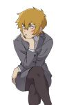  1girl blush ch0og0o closed_mouth crossed_legs formal genderswap genderswap_(mtf) highres invisible_chair long_sleeves looking_at_viewer mob_psycho_100 orange_hair pantyhose reigen_arataka shirt simple_background sitting solo suit white_background 