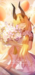  1girl :d ^_^ absurdres aerial_fireworks airtair arknights black_horns black_tail blonde_hair bouquet chinese_commentary closed_eyes commentary_request dress facing_viewer fireworks flower hair_flower hair_ornament happy highres holding holding_bouquet horns long_hair open_mouth purple_flower reed_(arknights) reed_the_flame_shadow_(arknights) smile solo tail teeth upper_teeth_only white_dress white_flower 