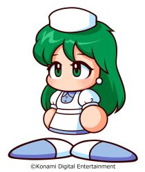  1girl artist_request blue_shoes copyright_notice dress earrings green_eyes green_hair hat highres jewelry jikkyou_powerful_pro_yakyuu jikkyou_powerful_pro_yakyuu_(style) katou_kyouko long_hair multicolored_shoes no_mouth nurse nurse_cap official_art power_pro-kun_pocket power_pro-kun_pocket_1 power_pro-kun_pocket_2 power_pro-kun_pocket_r rayman_limbs sanpaku second-party_source shoes solo two-tone_shoes white_dress white_shoes 