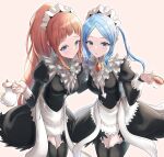  2girls absurdres apron black_dress black_thighhighs blue_eyes brown_hair cup dress felicia_(fire_emblem) fire_emblem fire_emblem_fates flora_(fire_emblem) frills highres holding holding_cup jewelry long_hair long_sleeves maid maid_apron maid_headdress multiple_girls okazu2010015 ponytail siblings skirt tea teacup teapot thigh-highs twins twintails zettai_ryouiki 
