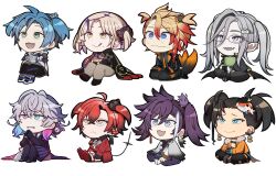  6+boys :< :3 absurdres ahoge alternate_hairstyle altventurer_(regis_altare) animal_on_head aqua_eyes armor axel_syrios axel_syrios_(1st_costume) axelotl_(axel_syrios) banzoin_hakka banzoin_hakka_(1st_costume) beard_stubble bird bird_on_head black_boots black_gloves black_hair black_jacket black_pants black_streaks blonde_hair blue_eyes blue_hair book boots bracelet braid brown_pants butterfly_sitting chibi chibi_only coat collared_jacket ear_piercing earrings empty_eyes extra_arms facial_hair fang fangs feather_earrings feathers fish fur-trimmed_jacket fur_trim gavis_bettel gavis_bettel_(1st_costume) glasses gloves green_eyes grey_hair grey_haori hakama hakama_pants hakkito_(banzoin_hakka) halo haori heterochromia highres holding holding_book holostars holostars_english holotempus hood hoodie jacket japanese_clothes jewelry josuiji_shinri josuiji_shinri_(1st_costume) koi koipanion_(josuiji_shinri) long_hair low_twintails machina_x_flayon machina_x_flayon_(1st_costume) machiroon_(machina_x_flayon) magmite_(magni_dezmond) magni_dezmond male_focus mole mole_under_mouth multicolored_hair multiple_boys multiple_tails noir_vesper noir_vesper_(old_design) on_head open_mouth orange_jacket pants phantom_(gavis_bettel) piercing pink_eyes pink_hair pointy_ears purple_hair purple_hakama red_coat red_hair regis_altare russell_(rrrrrrz9) seiza short_twintails shoulder_armor side_braid single_braid single_hair_streak sitting streaked_hair stubble sweat tail tongue tongue_out torn_clothes torn_pants twintails vestea_(noir_vesper) violet_eyes virtual_youtuber wavy_eyes wavy_mouth white_background white_hoodie white_streaks yellow_eyes 