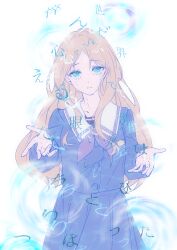 1girl absurdres bang_dream! bang_dream!_it's_mygo!!!!! blue_eyes blue_serafuku blue_shirt blue_skirt blurry brown_hair chinese_commentary commentary_request cowboy_shot crying crying_with_eyes_open grey_neckerchief highres long_hair long_sleeves nagasaki_soyo neckerchief parted_bangs pleated_skirt ripples sailor_collar school_uniform serafuku shiji_(shitimes) shirt sidelocks simple_background skirt solo standing streaming_tears tears translation_request tsukinomori_school_uniform white_background 
