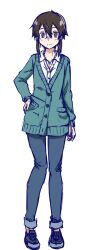  1girl aqua_cardigan asada_shino asagi501 black_shoes blue_pants brown_hair cardigan closed_mouth collared_shirt commentary_request double-parted_bangs full_body hair_between_eyes hair_ribbon hand_on_own_hip jewelry long_sleeves medium_hair messy_hair necklace official_alternate_costume pants ribbon shirt shoes sidelocks simple_background sketch smile sneakers solo split_mouth standing straight-on sword_art_online white_background white_ribbon white_shirt wing_collar 
