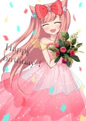  1girl agnes_digital_(umamusume) animal_ears bare_shoulders blush bouquet bow closed_eyes commentary_request confetti dress facing_viewer hair_bow happy_birthday highres holding holding_bouquet horse_ears horse_girl long_hair off-shoulder_dress off_shoulder open_mouth pink_dress pink_hair shidareumetsu smile solo umamusume 