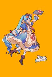  1girl 1other absurdres anans21as apron asymmetrical_legwear beret blue_dress blue_eyes blue_hair blush_stickers boots brown_boots cookie_hair_ornament cupcake detached_sleeves dress facing_to_the_side food food-themed_hair_ornament frilled_apron frills full_body fur-trimmed_dress fur-trimmed_sleeves fur_trim hair_between_eyes hair_ornament hat hatsune_miku highres holding holding_tongs holding_tray lace-up_boots long_hair mismatched_legwear mismatched_socks musical_note necktie official_alternate_costume official_alternate_hairstyle puffy_short_sleeves puffy_sleeves rabbit_yukine red_necktie short_sleeves sidelocks snowflake_print socks tongs tray twintails very_long_hair vocaloid white_apron wide_sleeves yellow_background yuki_miku yuki_miku_(2026) 