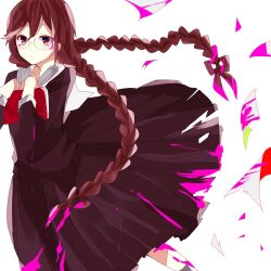  1girl blood blood_in_hair blood_on_clothes book braid brown_eyes brown_hair closed_mouth collared_shirt danganronpa:_trigger_happy_havoc danganronpa_(series) eyelashes fukawa_toko glasses grey-framed_eyewear holding holding_book lingmuzi long_hair long_skirt paper pink_blood pleated_skirt purple_serafuku purple_shirt purple_skirt sailor_collar school_uniform serafuku shirt simple_background skirt skirt_set solo third-party_source twin_braids twintails very_long_hair white_background white_sailor_collar 